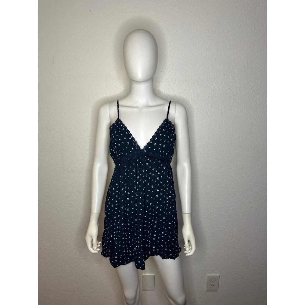 Cotton On Navy Blue Floral Mini Dress Lace Trim Smocked Back